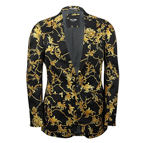 Xposed Hombres Negro Oro Floral Brocado Estampado De Flores Entallado Chaqueta De Traje Casual Chaqueta De Diseñador Italiano Chaqueta, Negro, 60