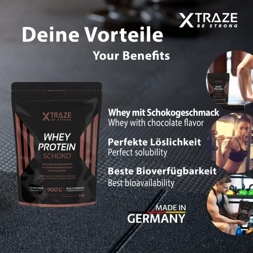 XTRAZE® Whey Proteína en Pura Polvo de Suero para Batido de Proteinas, 900g de Proteina Vegetal + Aislada con BCAA, Suplemento sin Aditivos, Para Fitness y Aumentar Masa Muscular (Chocolate)