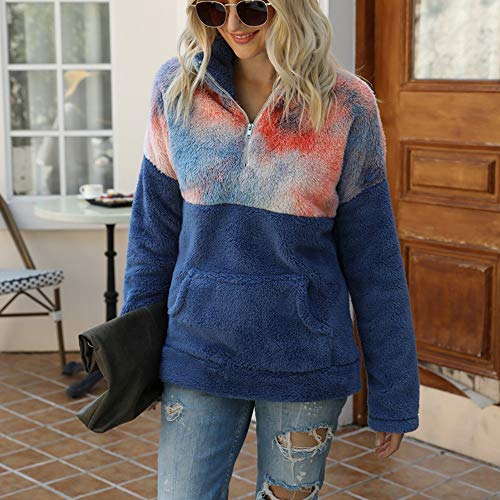 YIKEYO Mujer Sudadera Caliente y Esponjoso Tops con Tie Dye - Ropa de Abrigo Peludo con Cuello Alto de Cremallera - Otoño Invierno Jerséis de Manga Larga con Bolsillo (Azul, XL)