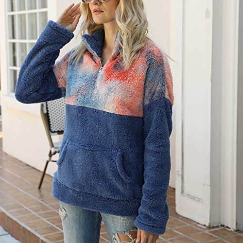 YIKEYO Mujer Sudadera Caliente y Esponjoso Tops con Tie Dye - Ropa de Abrigo Peludo con Cuello Alto de Cremallera - Otoño Invierno Jerséis de Manga Larga con Bolsillo (Azul, XL)