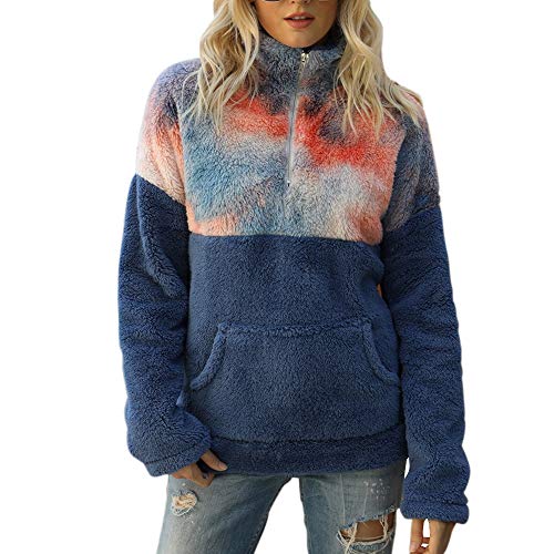 YIKEYO Mujer Sudadera Caliente y Esponjoso Tops con Tie Dye - Ropa de Abrigo Peludo con Cuello Alto de Cremallera - Otoño Invierno Jerséis de Manga Larga con Bolsillo (Azul, XL)