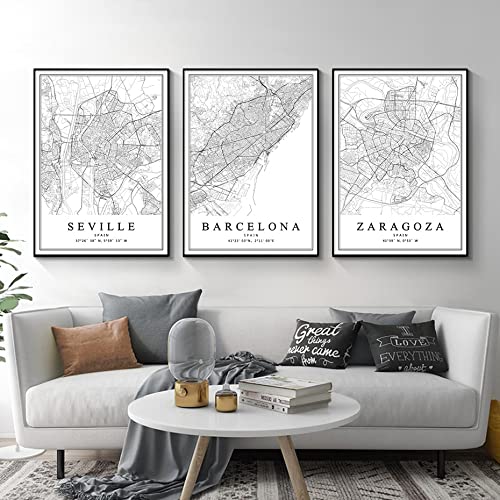 YINGFUN Mapa de la Ciudad de España Mapa de la Ciudad Barcelona Madrid Málaga Sevilla Valencia Zaragoza Pósteres Pinturas de Lienzo Pinturas de la Pared Láminas de la Pared Decoración del hogar