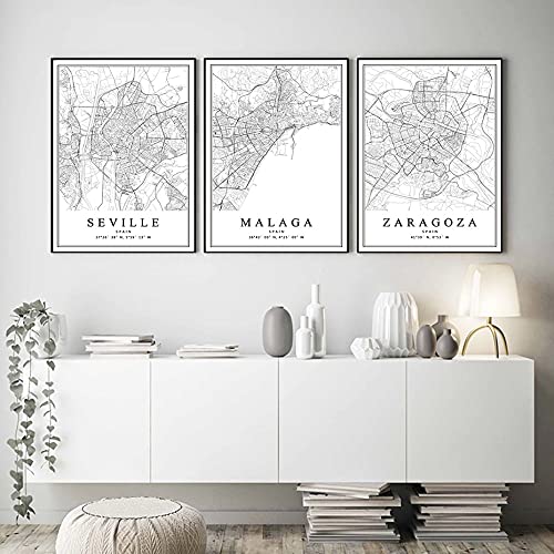 YINGFUN Mapa de la Ciudad de España Mapa de la Ciudad Barcelona Madrid Málaga Sevilla Valencia Zaragoza Pósteres Pinturas de Lienzo Pinturas de la Pared Láminas de la Pared Decoración del hogar