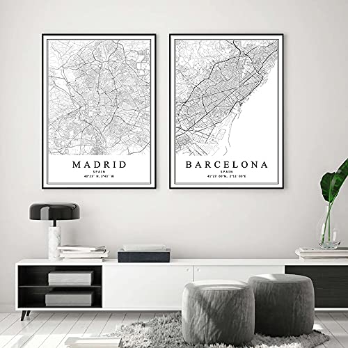 YINGFUN Mapa de la Ciudad de España Mapa de la Ciudad Barcelona Madrid Málaga Sevilla Valencia Zaragoza Pósteres Pinturas de Lienzo Pinturas de la Pared Láminas de la Pared Decoración del hogar