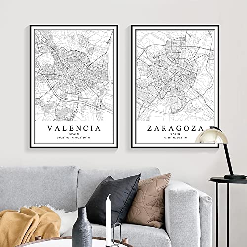 YINGFUN Mapa de la Ciudad de España Mapa de la Ciudad Barcelona Madrid Málaga Sevilla Valencia Zaragoza Pósteres Pinturas de Lienzo Pinturas de la Pared Láminas de la Pared Decoración del hogar