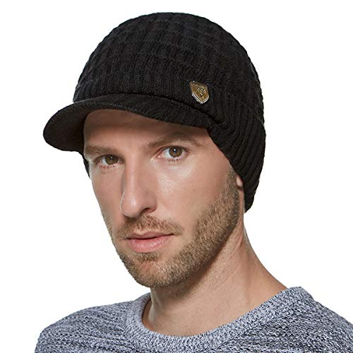 Yixda - Gorro de punto con visera para hombre, con forro polar Negro Talla única