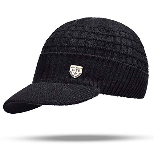 Yixda - Gorro de punto con visera para hombre, con forro polar Negro Talla única