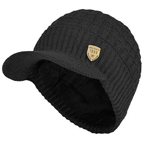 Yixda - Gorro de punto con visera para hombre, con forro polar Negro Talla única