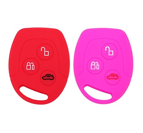 YLC 2 Piezas Silicona Funda para Llave de Coche Car Key Cover para Ford Mondeo Festiva Fiesta Focus 3 Botones(Rojo + Rosa)