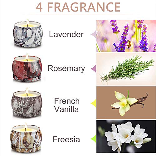 YMing Velas Aromáticas, Juego de 4 Piezas 5.65 Oz Velas Perfumadas, Regalos Originales para Mujer, Estaño de Viaje de Cera Natural de Soja Portátil, Regalo dia de la madre