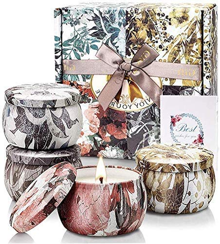 YMing Velas Aromáticas, Juego de 4 Piezas 5.65 Oz Velas Perfumadas, Regalos Originales para Mujer, Estaño de Viaje de Cera Natural de Soja Portátil, Regalo dia de la madre