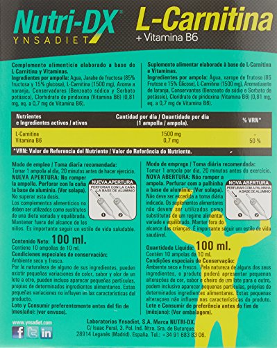 YNSADIET L Carnitina + Vitamina B6 - 1500 mg por ampolla -L-carnitina NutriDX