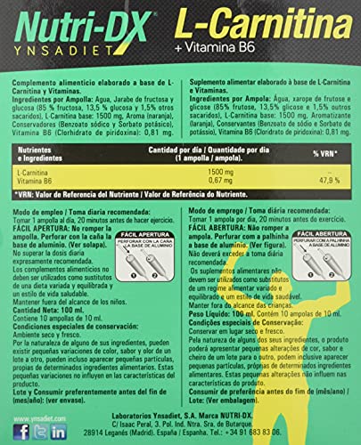 YNSADIET L Carnitina + Vitamina B6 - 1500 mg por ampolla -L-carnitina NutriDX