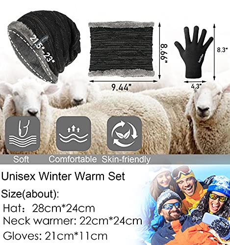 Yutdeng Bufanda Guantes y Gorro Set Cozy Hombres Polar Bufanda Calentador de Cuello Mujer Conjunto de Guantes Pantalla Táctil Patrón de Punto Sombrero Beanie Invierno,Negro,Talla única