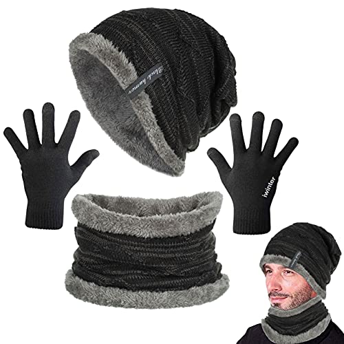 Yutdeng Bufanda Guantes y Gorro Set Cozy Hombres Polar Bufanda Calentador de Cuello Mujer Conjunto de Guantes Pantalla Táctil Patrón de Punto Sombrero Beanie Invierno,Negro,Talla única