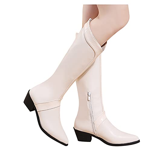 YWLINK Botas De Piel Para Mujer Botas De Jinete De CañA Alta Botas De Color Liso Botas De TacóN Grueso Con Cremallera Botas Puntiagudas Elegante Y Confortable Botas De Todo FóSforo (Beige, 37)