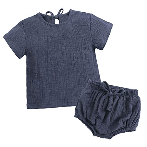 YWLINK♥Mono De Bebe Verano NiñOs NiñAsCamiseta Sin Mangas De Lino De Manga Corta Traje De Rastreo+Encaje Pantalones Cortos Moda Casual Lindo Vestido Bautizo Ropa De Bebe(Armada,18-24 meses/100)