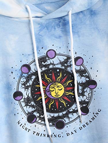 ZAFUL Sudadera con capucha para mujer con bolsillo de canguro, hippie dibujos animados del sol y la luna, estampado Tie Dye azul S