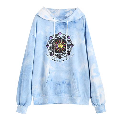 ZAFUL Sudadera con capucha para mujer con bolsillo de canguro, hippie dibujos animados del sol y la luna, estampado Tie Dye azul S