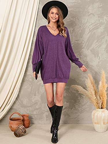 ZANZEA Mujer Jersey de Punto Largos Cuello V Manga Larga Otoño Vestidos Sudadera Casual Tallas Grandes Suéter Suelta Violeta XXL