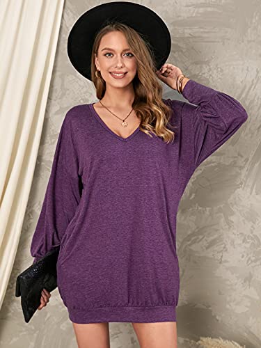 ZANZEA Mujer Jersey de Punto Largos Cuello V Manga Larga Otoño Vestidos Sudadera Casual Tallas Grandes Suéter Suelta Violeta XXL