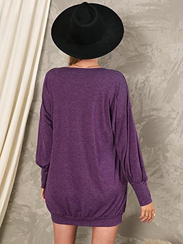 ZANZEA Mujer Jersey de Punto Largos Cuello V Manga Larga Otoño Vestidos Sudadera Casual Tallas Grandes Suéter Suelta Violeta XXL