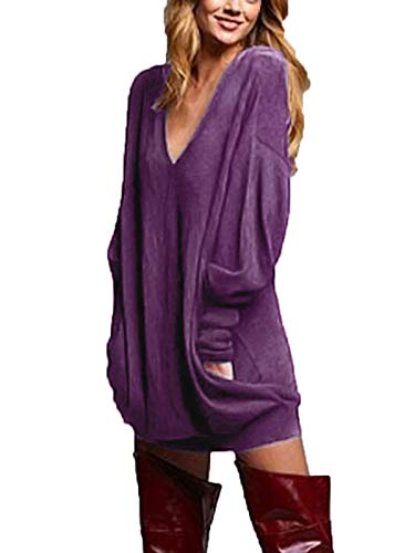 ZANZEA Mujer Jersey de Punto Largos Cuello V Manga Larga Otoño Vestidos Sudadera Casual Tallas Grandes Suéter Suelta Violeta XXL
