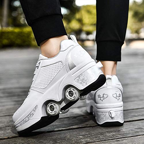 Zapatillas con Ruedas Automática Calzado De Skateboarding Zapatillas De Skate con Ruedas Patines En Línea para Adultos Y Niños,Plata,34