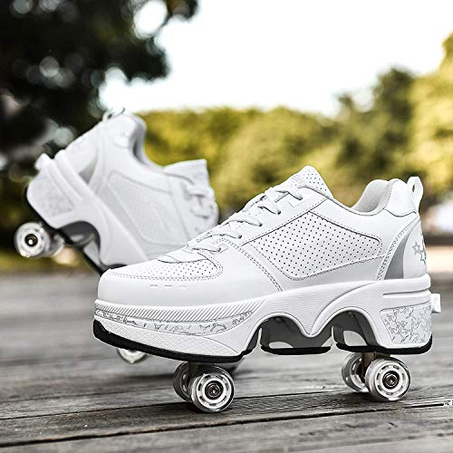 Zapatillas con Ruedas Automática Calzado De Skateboarding Zapatillas De Skate con Ruedas Patines En Línea para Adultos Y Niños,Plata,34