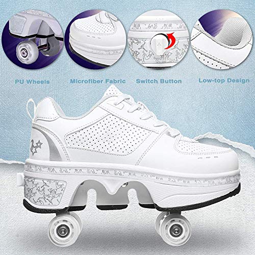 Zapatillas con Ruedas Automática Calzado De Skateboarding Zapatillas De Skate con Ruedas Patines En Línea para Adultos Y Niños,Plata,34