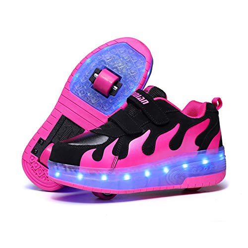 Zapatillas con Ruedas LED Luces Luminosas Zapatos de Roller Ajustable Doble Rueda Patines Calzado Deportivo al Aire Libre Niños Niña Gimnasia Zapatos de Skateboard con USB Carga