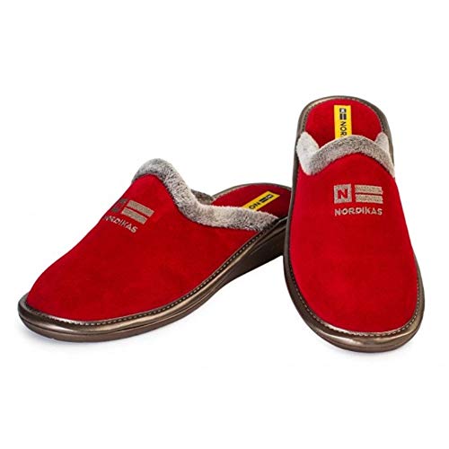 Zapatillas de casa Nordikas Invierno comodas de Mujer Made In Spain afelpado rojo cereza destalonado