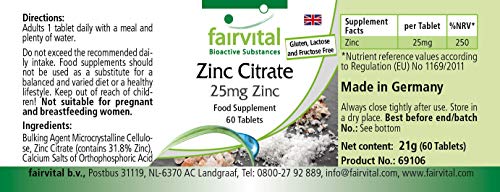 Zinc 25mg - Citrato de Zinc de alta biodisponibilidad - VEGANO - Dosis elevada - 60 Comprimidos - Calidad Alemana