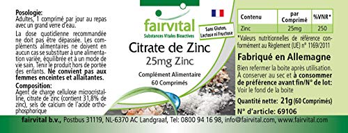 Zinc 25mg - Citrato de Zinc de alta biodisponibilidad - VEGANO - Dosis elevada - 60 Comprimidos - Calidad Alemana