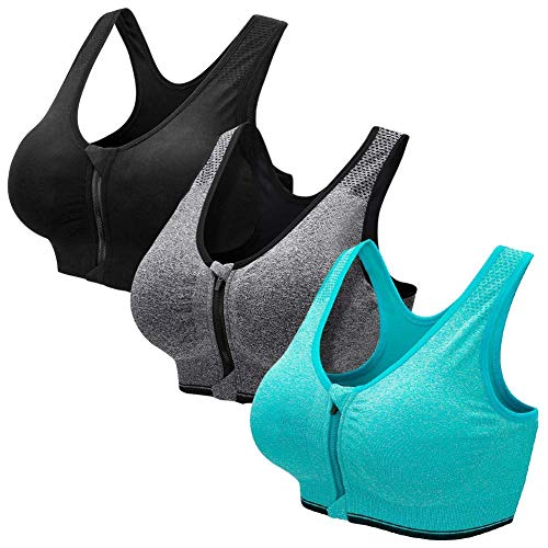 ZOEREA Sujetador Cierre Delantero Deportivo para Mujer Gimnasio Ropa con Almohadillas Extraíbles para Correr Sin Costuras Yoga Fitness,Negro + Gris + Verde，M