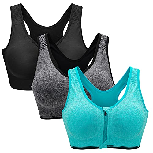 ZOEREA Sujetador Cierre Delantero Deportivo para Mujer Gimnasio Ropa con Almohadillas Extraíbles para Correr Sin Costuras Yoga Fitness,Negro + Gris + Verde，M