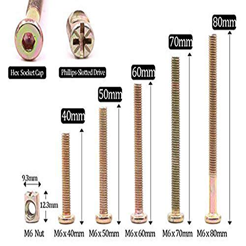 100 pz. M6 Tornillos de tuercas de barril, M6 x 40/50/60/70/70/80 mm, tornillos cilíndricos, kit de surtido de tuercas, para muebles de cunas, camas, cunas y sillas