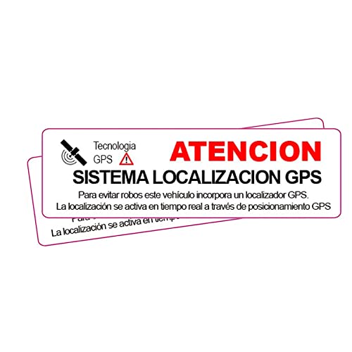 2 Pegatinas disuasorias localizador GPS vehiculos. Aviso Castellano Coches alquiler, adhesivos localizacion por satélite GPS Facil instalar (Exterior Mediana)