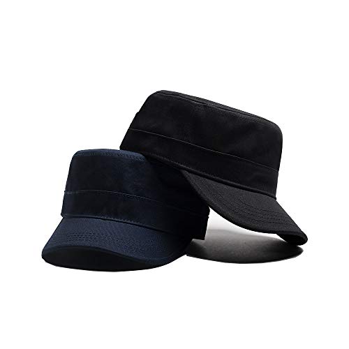 2 Piezas Gorra Militar de Algodón, Militar de Cadetes Sombrero, Gorra Cadete, Gorra Plana de Algodón Ajustable para Hombres y Mujeres (Negro, Azul Marino)