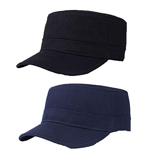 2 Piezas Gorra Militar de Algodón, Militar de Cadetes Sombrero, Gorra Cadete, Gorra Plana de Algodón Ajustable para Hombres y Mujeres (Negro, Azul Marino)