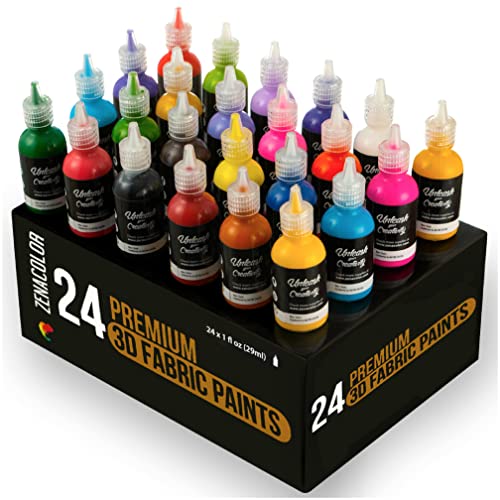 24 Botellas de Pintura 3D Textil y Tejido - Aprieta sobre los Tubos (29mL) para Extender Pintura para Ropa (Algodón) - Personaliza Camisetas, Ropa y Decora Cuadros, Madera, Vidrio