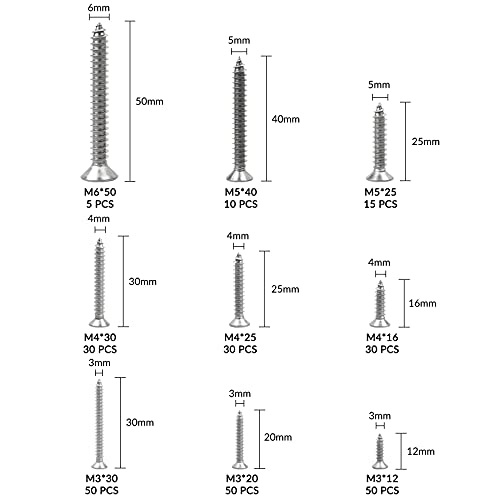 270 tornillos Phillips de cabeza plana, tornillos autorroscantes surtidos M3 M4 M5 M6 de acero inoxidable, tornillos de madera a prueba de óxido