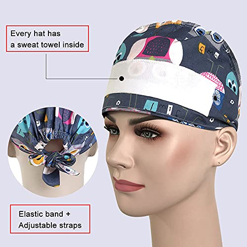 2pcs Gorra de trabajo Gorra ajustable con lazo en la espalda con banda para el sudor Gorra de turbante con estampado de perro de dibujos animados Gorra multiusos para el cabello para mujeres y hombre