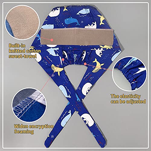 2pcs Gorra de trabajo Gorra ajustable con lazo en la espalda con banda para el sudor Gorra de turbante con estampado de perro de dibujos animados Gorra multiusos para el cabello para mujeres y hombre