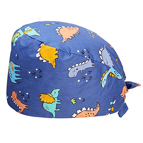 2pcs Sombrero de trabajo Gorra ajustable con lazo en la espalda Cubierta de pelo con estampado de dinosaurio de dibujos animados con banda para el sudor Sombrero de turbante multiusosgorro de limpiez