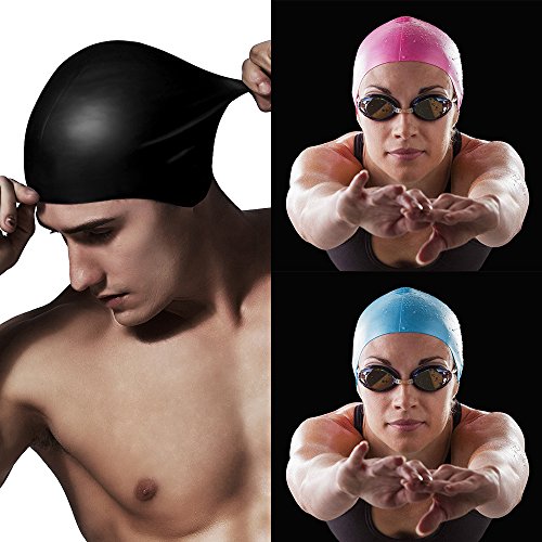 3 unidades silicona natación tapones, Senhai Unisex impermeable duradero elástica gorros de natación para nadadores con largo, grueso o el pelo rizado, apropiado para niños, mujeres, hombres