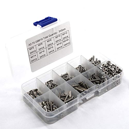 340 piezas M3 304 Cruz de acero inoxidable empotrado avellanado cabeza plana tornillos Hex Socket Nut surtido Kit