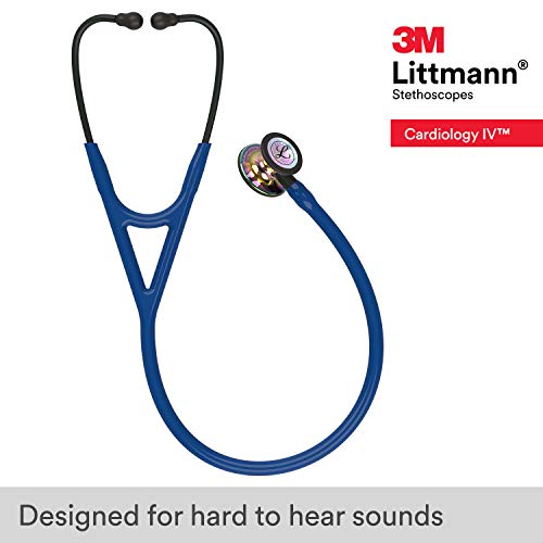 3M Littmann Cardiology IV Fonendoscopio para diagnóstico, campana de acabado de alto brillo en arcoíris, tubo Azul Oscuro y vástago y auricular color Negro, 69 cm, 6242