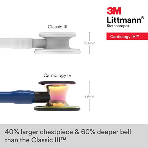 3M Littmann Cardiology IV Fonendoscopio para diagnóstico, campana de acabado de alto brillo en arcoíris, tubo Azul Oscuro y vástago y auricular color Negro, 69 cm, 6242