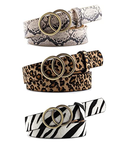 3Pcs Cinturón Mujer Con Estampado Cebra Y Serpiente de Leopardo A La Moda, Cinturón Fino Crin, Cinturón Cuero PU, Cinturón Dorado Con Hebilla Para Mujer (Color A)
